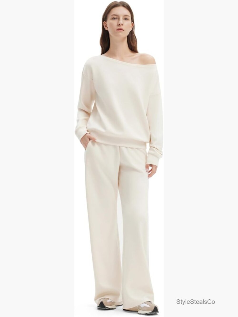 Matching Lounge Set with Off Shoulder Sweatshirt and Wide Leg Pants